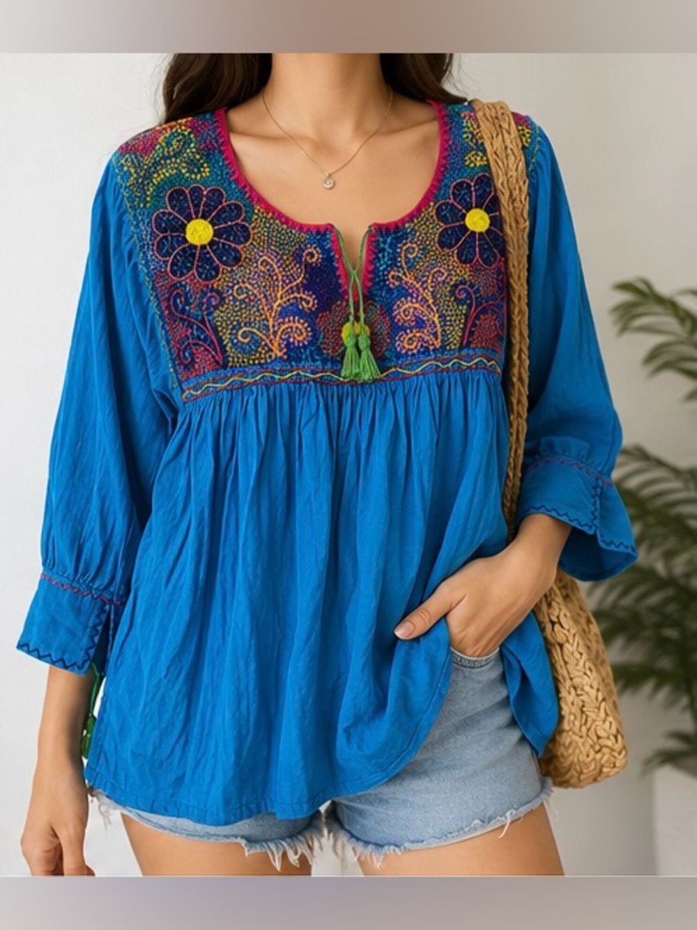 Handmade Mexican Oaxaca Embroidered Floral Boho Peasant Blouse Blue M
